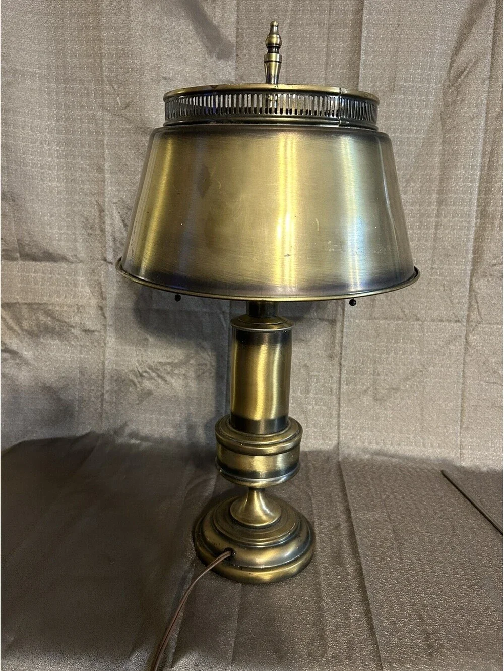 Vintage Bouillotte Style Lamp Brushed Brass Finish W/ 2 Pulls Metal Shade